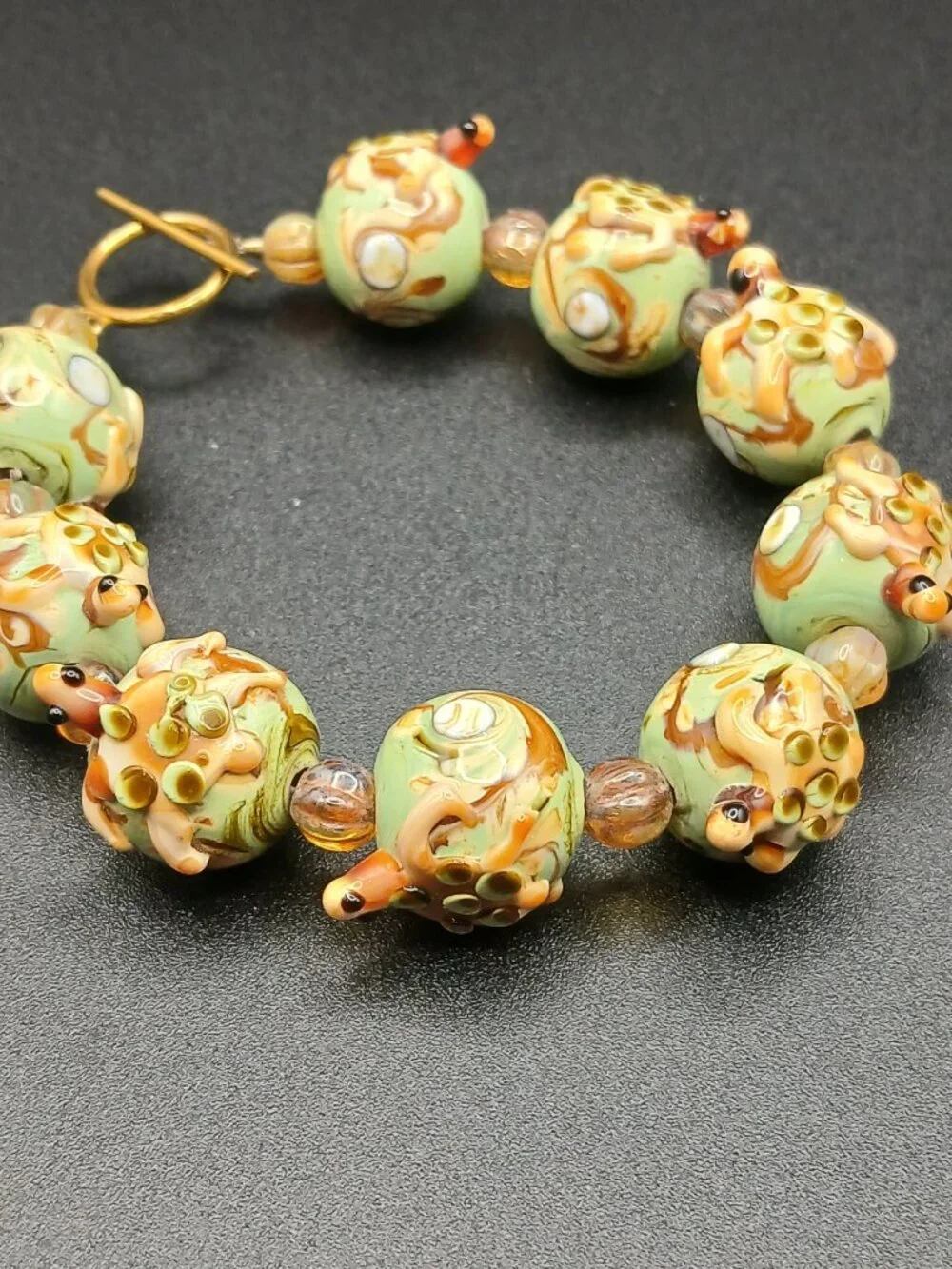 Vintage Artisan Lampwork Glass Turtle Bead Bracelet Sage Green, Cream And Brown